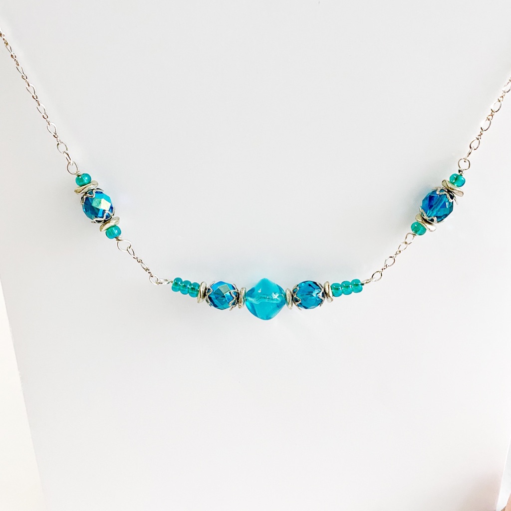 Aqua Crystal & Sterling Sliver Necklace & Earrings
